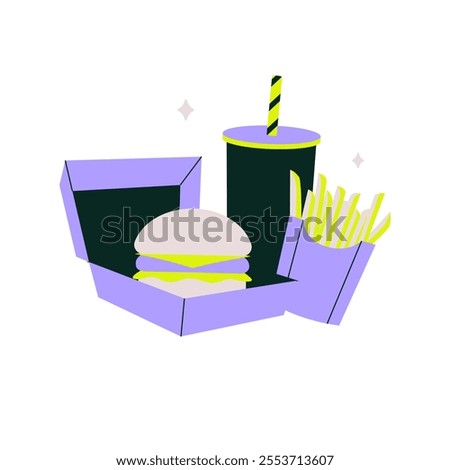 Burger Fries And Drink In Flat Vector Illustration Symbolizing Fast Food Combos, Quick Dining, And Meal Deals, Isolated On White Background.