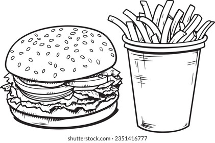 Burger and fries engraving style, Basic simple Minimalist vector SVG logo graphic, isolated on white background, children's coloring page, outline art, thick crisp lines, black and svg