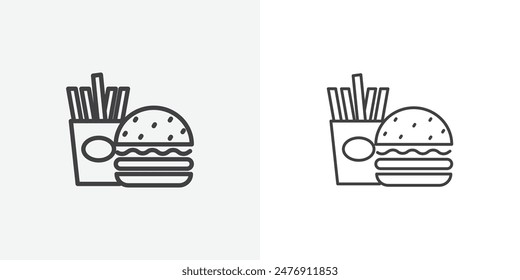 Burger Fries flat thin line icon collection.