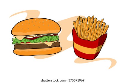 Burger & Fries, a hand drawn vector illustration of a burger and fries, isolated on a simple background (all objects are on their own separate groups, including background for easy editing).