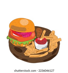 Burger and fries hand-drawn vector illustration. Cartoon style. Isolated on white background. This vector can also be used as a product or brand logo. Design for banner, poster, card, print, menu