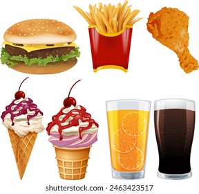 Burger, fries, ice cream, drinks, and chicken leg