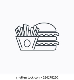 Burger and fries icon. Chips, sandwich sign. Hamburger fast food symbol. Linear outline icon on white background. Vector