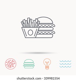 Burger and fries icon. Chips, sandwich sign. Hamburger fast food symbol. Global connect network, ocean wave and burger icons. Lightbulb lamp symbol.