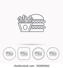 Burger and fries icon. Chips, sandwich sign. Hamburger fast food symbol. Linear circle, square and star buttons with icons.