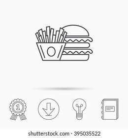 Burger and fries icon. Chips, sandwich sign. Hamburger fast food symbol. Download arrow, lamp, learn book and award medal icons.