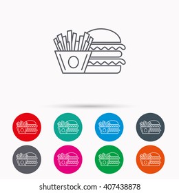 Burger and fries icon. Chips, sandwich sign. Hamburger fast food symbol. Linear icons in circles on white background.