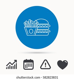 Burger and fries icon. Chips, sandwich sign. Hamburger fast food symbol. Calendar, attention sign and growth chart. Button with web icon. Vector