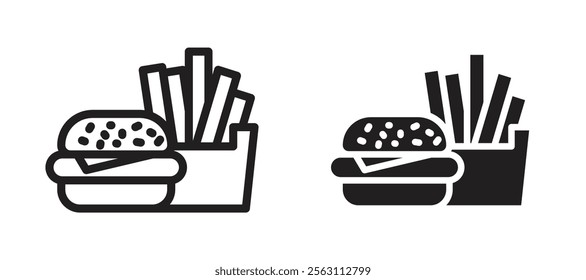 Burger Fries icons in black line and filled versions