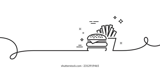 Burger with fries line icon. Continuous one line with curl. Fast food restaurant sign. Hamburger or cheeseburger symbol. Burger single outline ribbon. Loop curve pattern. Vector