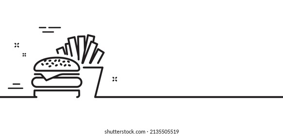 Burger mit Pommes frites Linie Symbol. Fast Food Restaurant Schild. Hamburger oder Käseverstärker-Symbol. Minimaler Hintergrund der Illustration. Banner für die Burger-Linie-Symbole White Web Template Konzept. Vektorgrafik