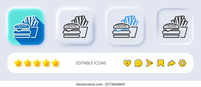 Burger with fries line icon. Neumorphic, Flat shadow, 3d buttons. Fast food restaurant sign. Hamburger or cheeseburger symbol. Line burger icon. Social media icons. Vector