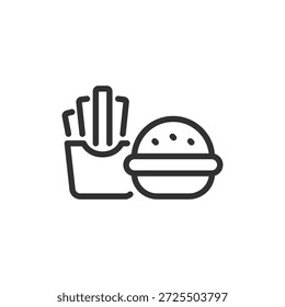Hamburguesa con patatas fritas, icono lineal. Comida rápida y comida para llevar. Línea con trazo editable.