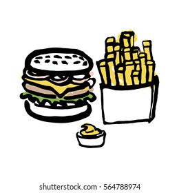Burger and fries with mayonnaise sauce, hand drawn with thick lines