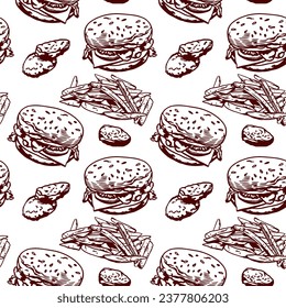 Burger, fries and nuggets. Vector illustration of a seamless pattern. Graphic style. Menus of restaurants, cafes, food labels, covers, wrapping paper.