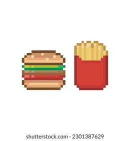 Burger und Pommes frites, Pixelkunstnahrung