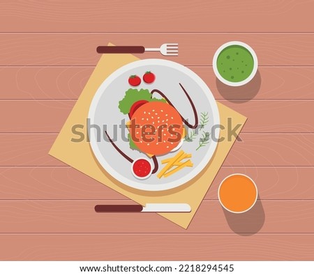 burger with fries and sauges on wood table vector free picnic  Stock photo © 