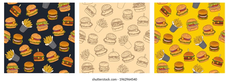 Burger and fries seamless food pattern in retro vintage style set