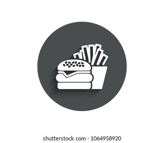 Burger with fries simple icon. Fast food restaurant sign. Hamburger or cheeseburger symbol. Circle flat button with shadow. Vector