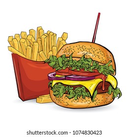 Burger and fries in sketch style on white background. Vector illustration.