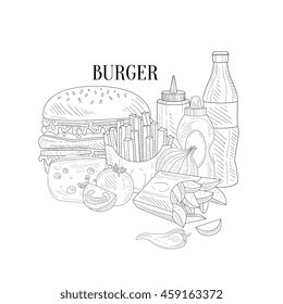 Burger, Fries And Soda Fast Food Lunch Hand Drawn Realistic Sketch