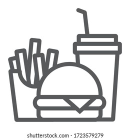 Burger fries and soda line icon, fast food and delivery, combo lunch sign, vector graphics, a linear icon on a white background, eps 10