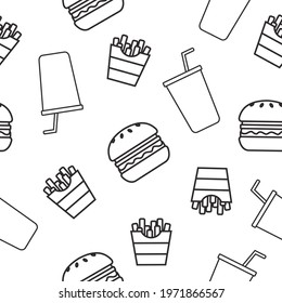 Burger, Fries and soda pattern. Vector seamless pattern or background with food