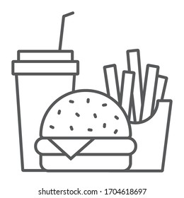 Burger fries and soda thin line icon, fast food and delivery, combo lunch sign, vector graphics, a linear icon on a white background, eps 10