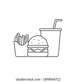 Burger, Fries And Soda Vector Illustration In Simple Line Art Design Isolated On White Background. Linear Style Of Fast Food Icon