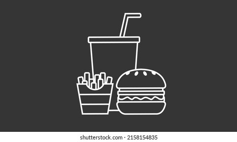 Burger, fries and soda vector illustration in simple line design. Fast food icon linear style, isolated on white background