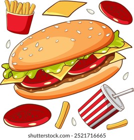 Burger, fries, and soda vector illustration