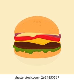 burger with full toppings in flat design, for fast food menu, delivery app, or delicious food advertising material