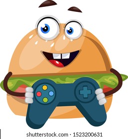 Burger with gamepad, illustration, vector on white background.