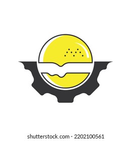 Burger and gear icon vector logo. Fast food restaurant logo concept.	