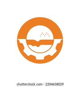 Burger and gear icon vector logo. Fast food restaurant logo concept.	