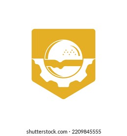 Logo del vector del icono de la hamburguesa y del engranaje. Concepto del logo del restaurante de comida rápida.	