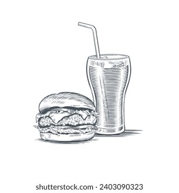 Burger and a glass of Coke with a straw.  Vector illustration in engraving style