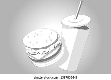 Burger with a glass of soda black and white on a white background