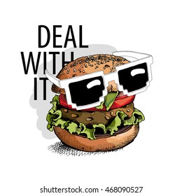 Burger in a glasses "Deal with it". Vector illustration.