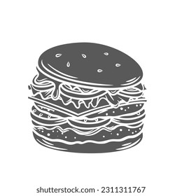 Burger glyph icon vector illustration. Stamp of hot hamburger with spicy BBQ beef meat and cheese, sesame bun and lettuce salad, hot cheeseburger and tasty burger sandwich, symbol of American food