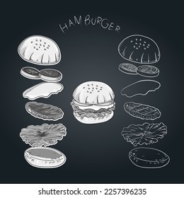 ilustración vectorial de estilo de historieta de escala de grises de hamburguesa aislada en fondo negro