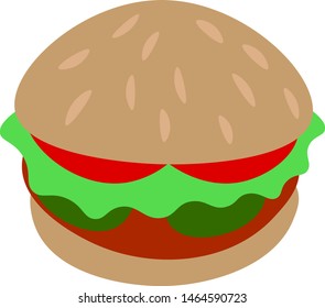 A burger with green lettuce, red tomato, yellow cheese, brown burger patty and a sesame seeds at the top of the bread, vector, color drawing or illustration.