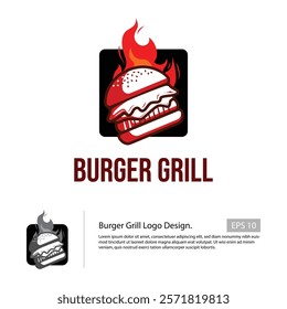 Burger Grill logo template with a negatives space of hamburger and a fire in the background.