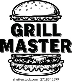 Burger grill master vector illustration fast food typography barbecue meat concept isolated black on transparent badge for restaurant menu and cooking chef