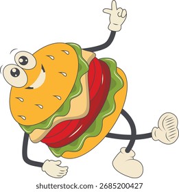 Burger Groovy Retro Personagem. Ilustração vetorial em estilo de desenho animado.