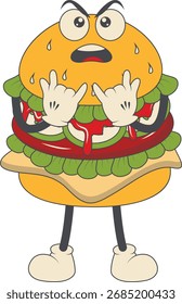 Burger Groovy Retro Personagem. Ilustração vetorial em estilo de desenho animado.