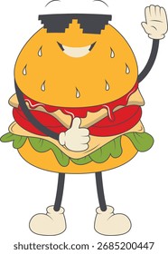 Burger Groovy Retro Character. Vector Illustration in Cartoon Style.