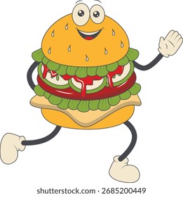 Burger Groovy Retro Character. Vector Illustration in Cartoon Style.