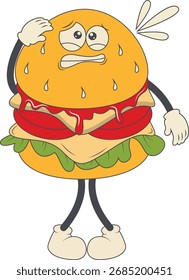 Burger Groovy Retro Personagem. Ilustração vetorial em estilo de desenho animado.