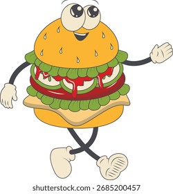 Burger Groovy Retro Character. Vector Illustration in Cartoon Style.